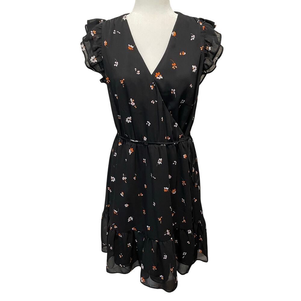 Ann Taylor Wrap Dress Sz 8 Tiered Waist Tie V-Neck Black Floral Ruffle Sleeve